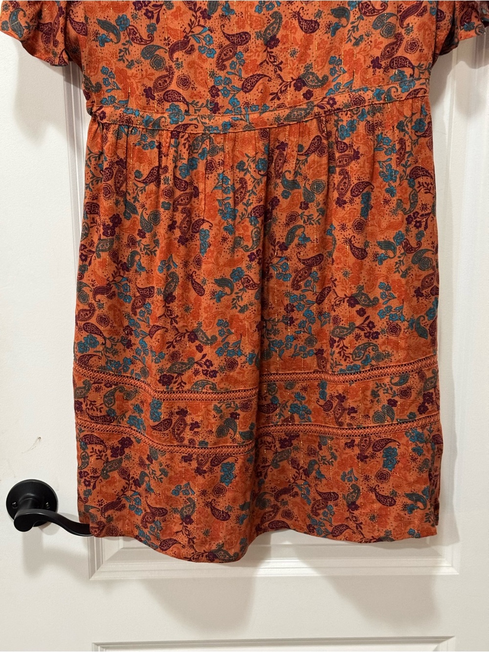Idyllwind Rust/Blue Paisley V-Neck Tie-Waist Mini Dress size L Pit 22” L 36” - Picture 11 of 12